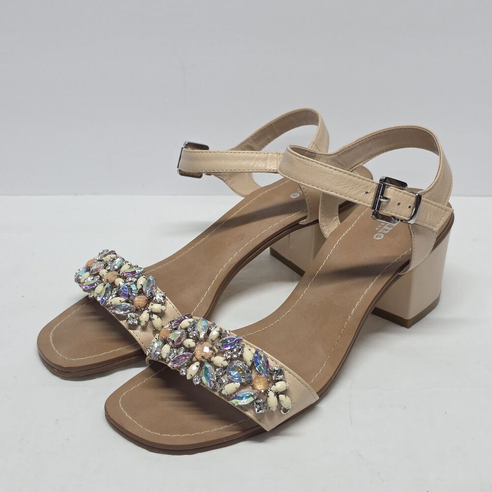 Dune London Mahala Beige Nude Leather Mid Heel Sandals 7 Rhinestones Embellished